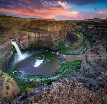 panorama water falls with beautiful sky on sunset