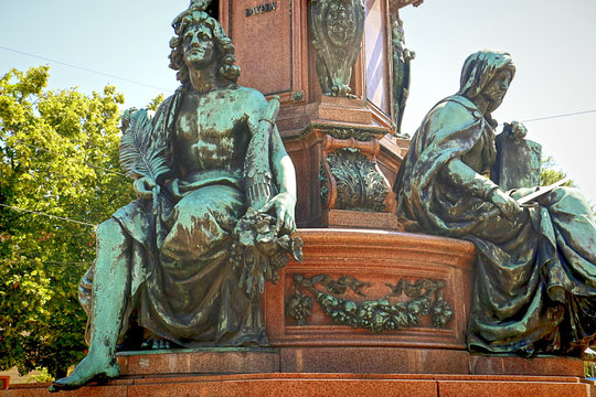 MUNICH, GERMANY -  Detail of the Maxmonument  built in 1875 in Munich Maximilianstrasse dedicated to the Bavarian king Maximilian II , bronze statues of the love of peace and justice