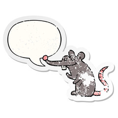 cartoon rat and speech bubble distressed sticker