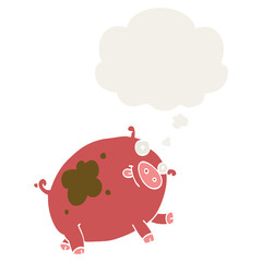 cartoon pig and thought bubble in retro style