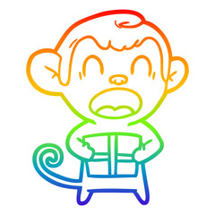 rainbow gradient line drawing shouting cartoon monkey carrying christmas gift