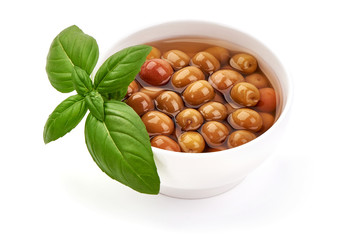 Pickled Arbequina Olives, close-up, isolated on white background