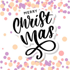 Obraz premium Merry Christmas Calligraphic Inscription Decorated with Golden Stars and Beads