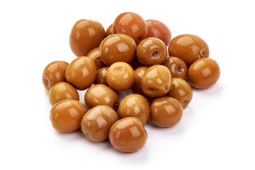 Pickled Arbequina Olives, close-up, isolated on white background