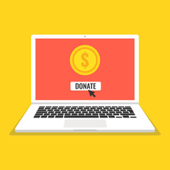 Donate online concept. Laptop with gold coin and button on screen. Vector illustration.