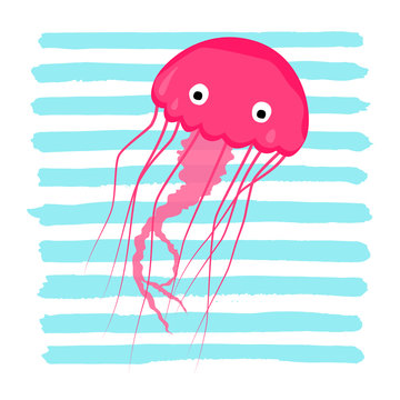 jellyfish flat character isolated on cayn strips background.