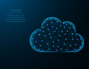 Cloud low poly design, weather in polygonal style, cloud server vector illustration on blue background