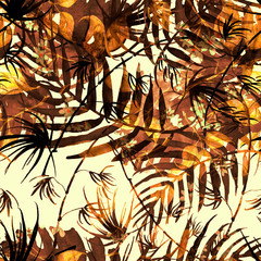 Watercolor Tropical leaves. leaves of a tree, palms, bamboo, branch, flower, abstract splash. Watercolor abstract seamless background, pattern, spot, splash of paint. Exotic seamless pattern 