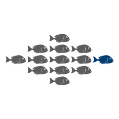 Icono plano grupo grande de peces en gris y azul