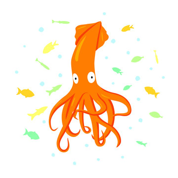 Orange squid animal flat character with spots and small fish on white background. Cartoon calamary for design, logo, background, card, print, sticker