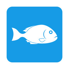Icono plano silueta pescado en cuadrado color azul