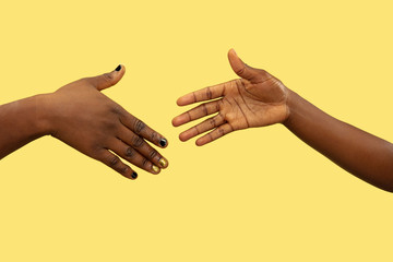 Close up shot of human holding hands isolated on yellow studio background. Concept of human relations, friendship, partnership, family. Copyspace.