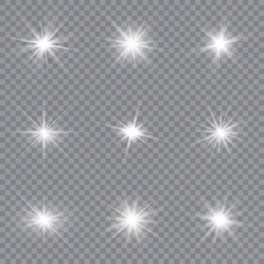 White glowing light explodes on a transparent background. Sparkling magical dust particles. Bright Star. Transparent shining sun, bright flash. Vector illustration.