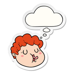 cartoon male face and thought bubble as a printed sticker