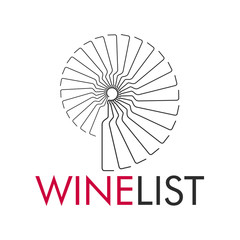 Logotipo abstracto con texto WINE LIST con botellas lineales en espiral en gris y granate