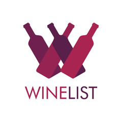Logotipo abstracto con texto WINE LIST con botellas de vino en W en color granate