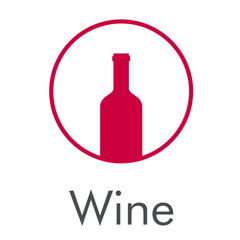 Logotipo abstracto con texto Wine con botella de vino en círculo lineal en color granate