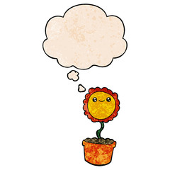 cartoon flower and thought bubble in grunge texture pattern style