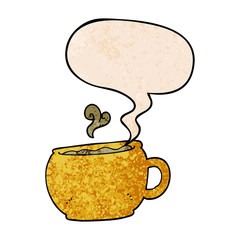 cartoon coffee cup and speech bubble in retro texture style