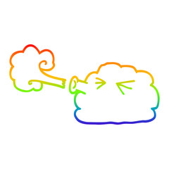 rainbow gradient line drawing cartoon cloud blowing a gale