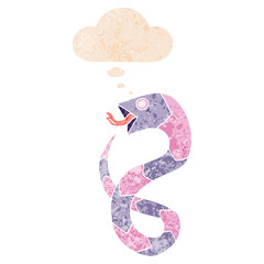 cartoon snake and thought bubble in retro textured style