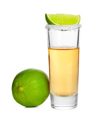 Shot of tequila with a slice of lime no white background