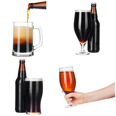 Different types of beer in glasses and bottles, isolated on white