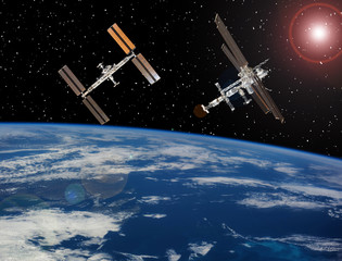 Space station. Spaceships above the earth. The elements of this image furnished by NASA.