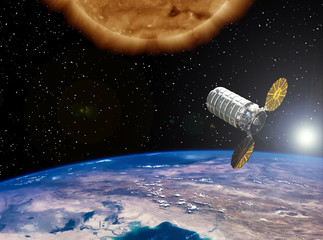 Big sun and space satellite. Earth from space. The elements of this image furnished by NASA.