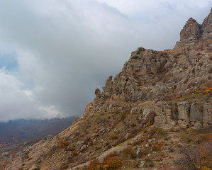 Autumnal gloomy landscape in Valley of Ghosts in Crimean peninsula