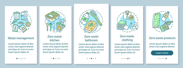 Fototapeta na wymiar Zero waste lifestyle onboarding mobile app page screen with linear concepts. Waste management walkthrough five steps graphic instructions. UX, UI, GUI vector template with illustrations
