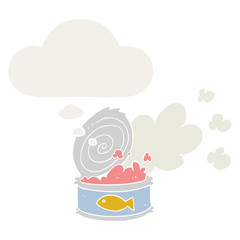 cartoon smelly can of fish and thought bubble in retro style