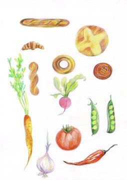 Set of vegetables and bread illustration