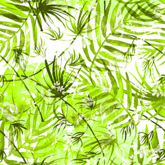Tropical leaves. Watercolor leaves of a tree, palms, bamboo,branch, flower, abstract splash. Watercolor abstract seamless background, pattern, spot, splash of paint, blot, divorce, color. Tropic