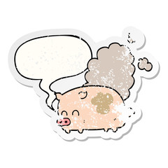 cartoon smelly pig and speech bubble distressed sticker