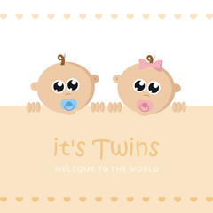 its twins boy and girl welcome greeting card for childbirth with baby face vector illustration EPS10