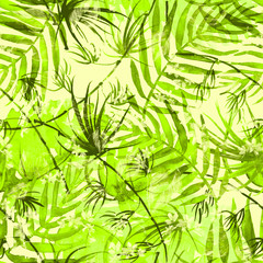 Fototapeta na wymiar Tropical leaves. Watercolor leaves of a tree, palms, bamboo,branch, flower, abstract splash. Watercolor abstract seamless background, pattern, spot, splash of paint, blot, divorce, color. Tropic