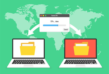 Two laptops transferred documents. File transfer concept. Vector illustration.