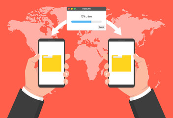 Hand holding phone and transferred documents to laptop. File transfer concept. Vector illustration.