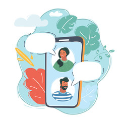Profile portrait of young couple chatting by phone.