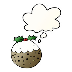 cartoon christmas pudding and thought bubble in smooth gradient style