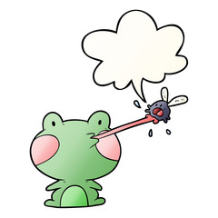 cute cartoon frog catching fly and tongue and speech bubble in smooth gradient style