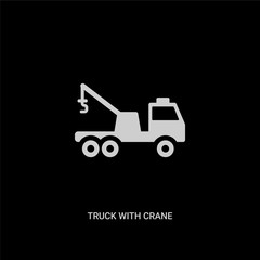 white truck with crane vector icon on black background. modern flat truck with crane from construction concept vector sign symbol can be use for web, mobile and logo.