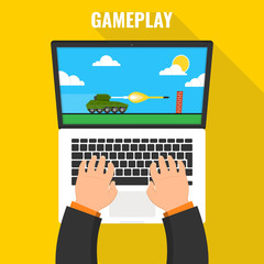 Gaming concept. Man playing on a laptop in tank videogame. Vector flat illustration.