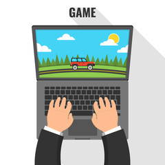 Gaming concept. Man playing on laptop in race videogame. Vector flat illustration.