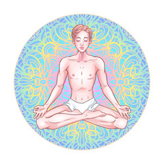 Young meditating yogi man in lotus pose on mandala background. Vector illustration