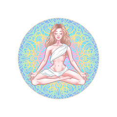 Obraz na płótnie Canvas Young meditating yogi woman in lotus pose on mandala background. Vector illustration