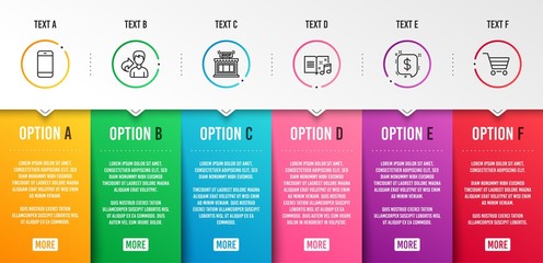 Payment message, Share and Smartphone icons simple set. Shop, Music book and Market sale signs. Finance, Male user. Business set. Infographic template. 6 steps timeline. Business options. Vector