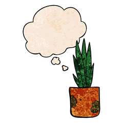 cartoon house plant and thought bubble in grunge texture pattern style