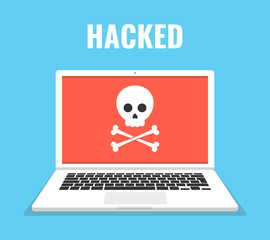Laptop with skull on the screen. Concept of virus, piracy, hacking and security. Vector illustration.